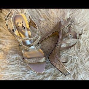 Mix No. 6 gold glitter platform high heels with ankle strap